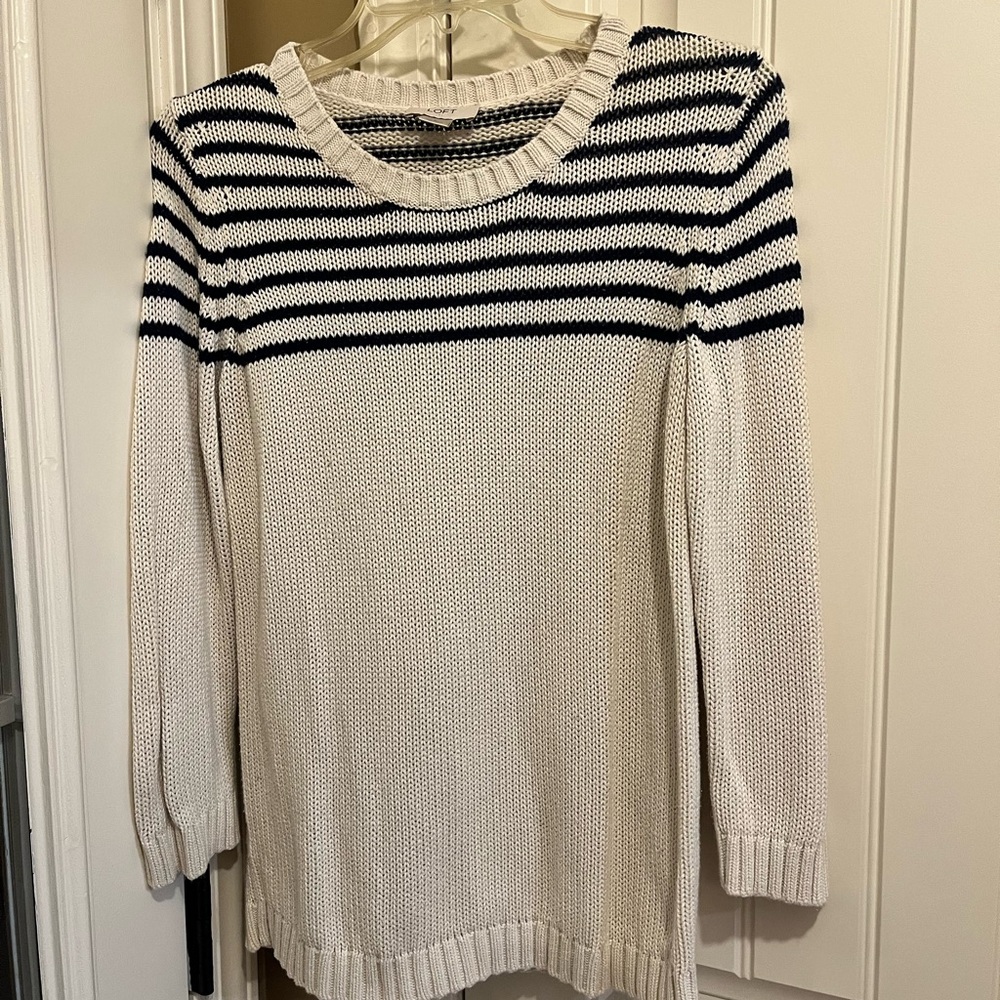 Loft Sweater Size Small Navy Tan 3/4 Sleeve Knit Cozy Striped Cottagecore
